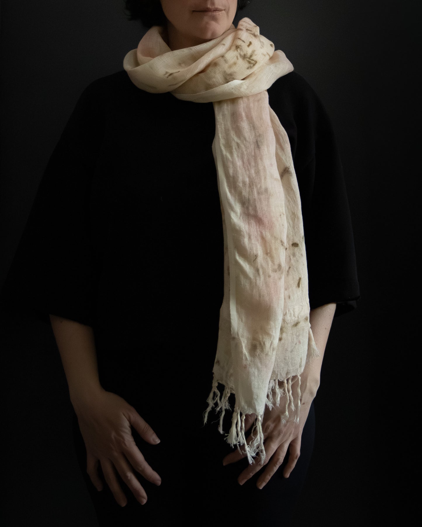 naturally dyed linen scarf, lightweight and breathable, worn wrapped