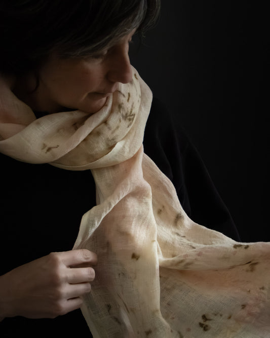 naturally dyed linen scarf, lightweight and breathable, worn wrapped