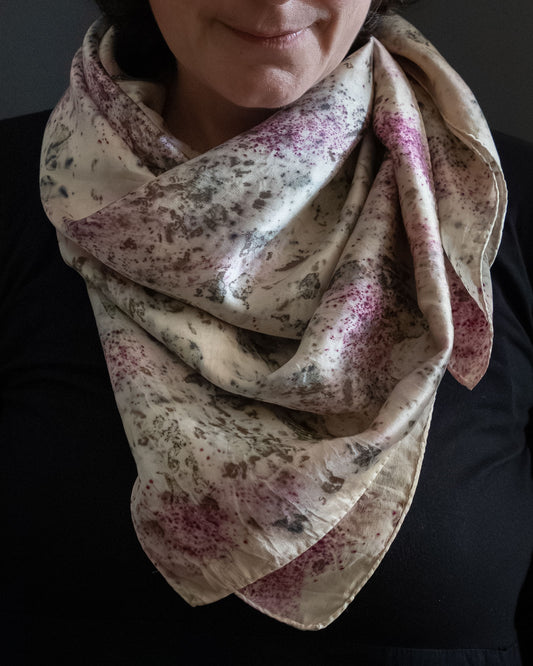 bundle dyed silk scarf, naturally dyed, worn