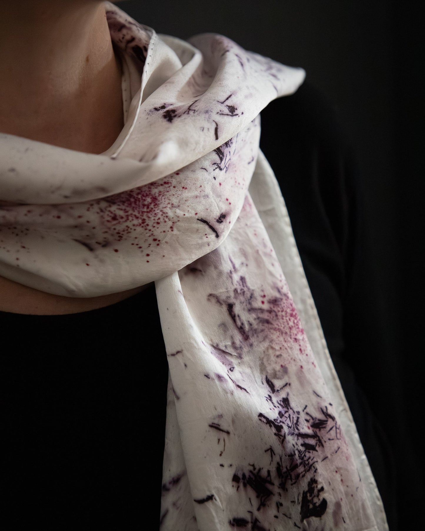naturally dyed silk scarf detail, floral pattern on silk