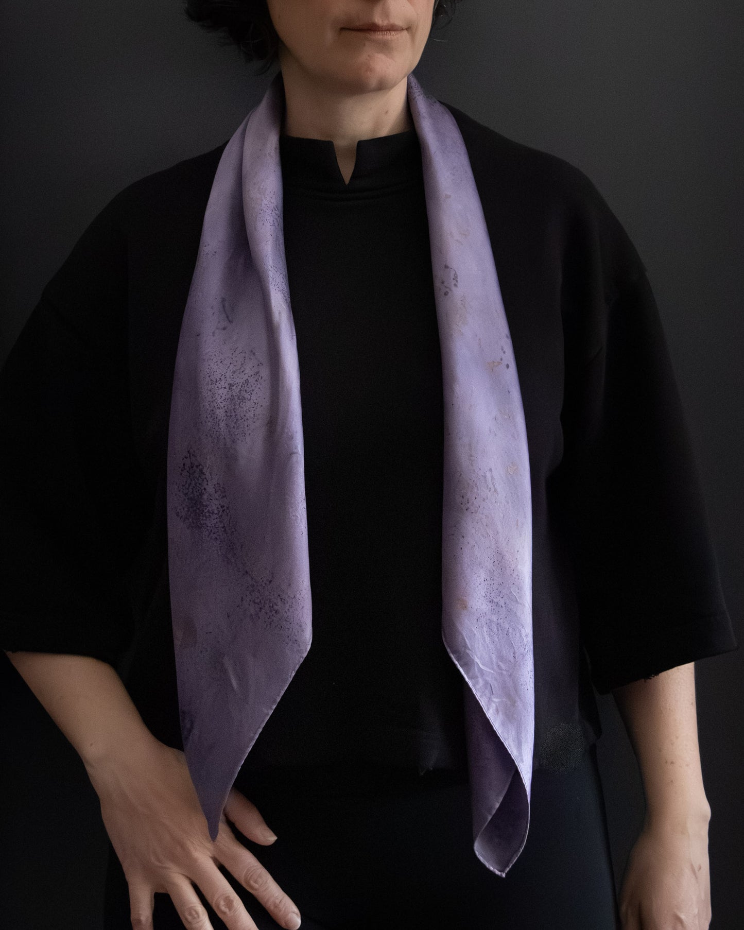 Naturally dyed silk scarf with soft purple tones