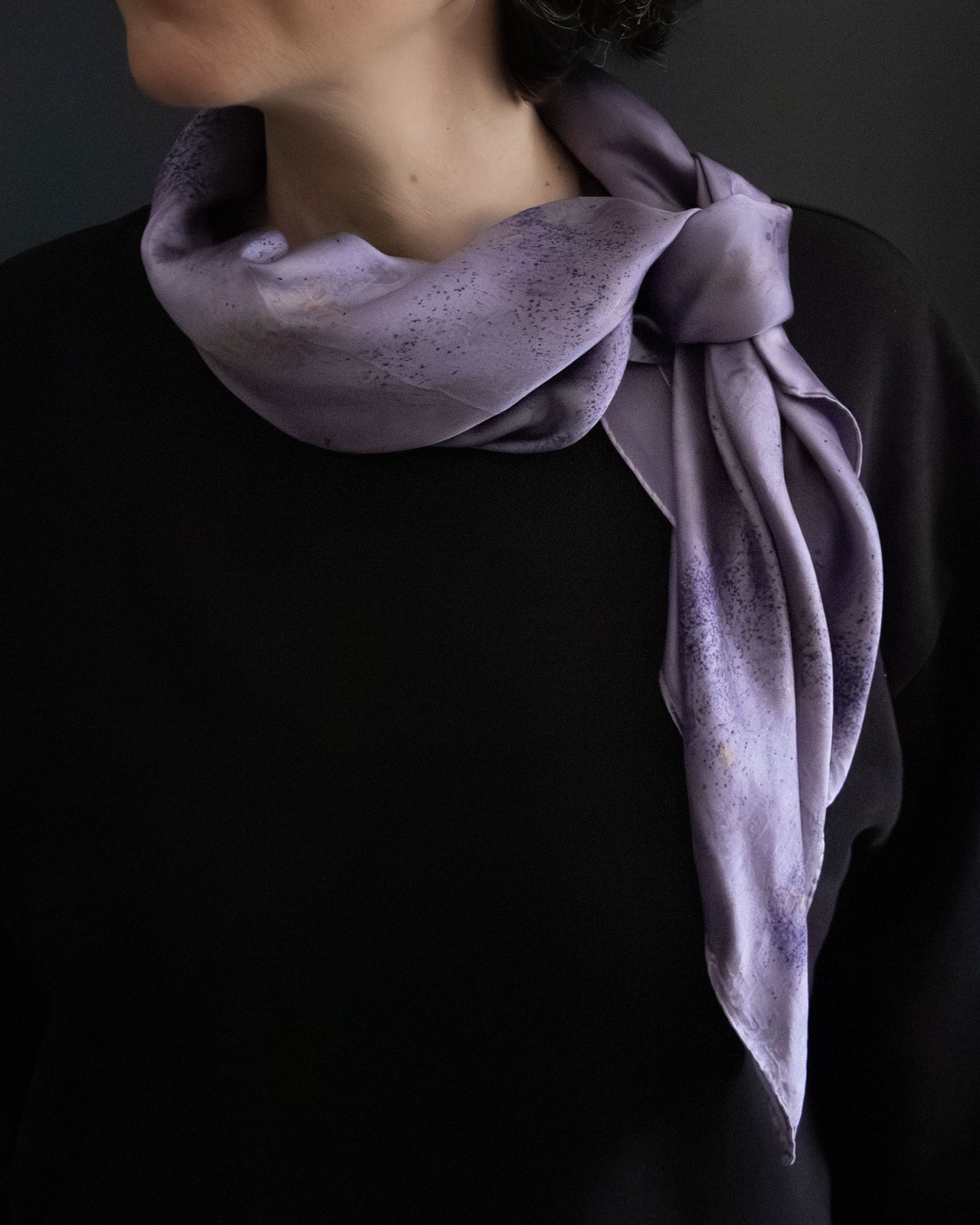 Naturally dyed silk scarf dyed with logwood in soft purple tones