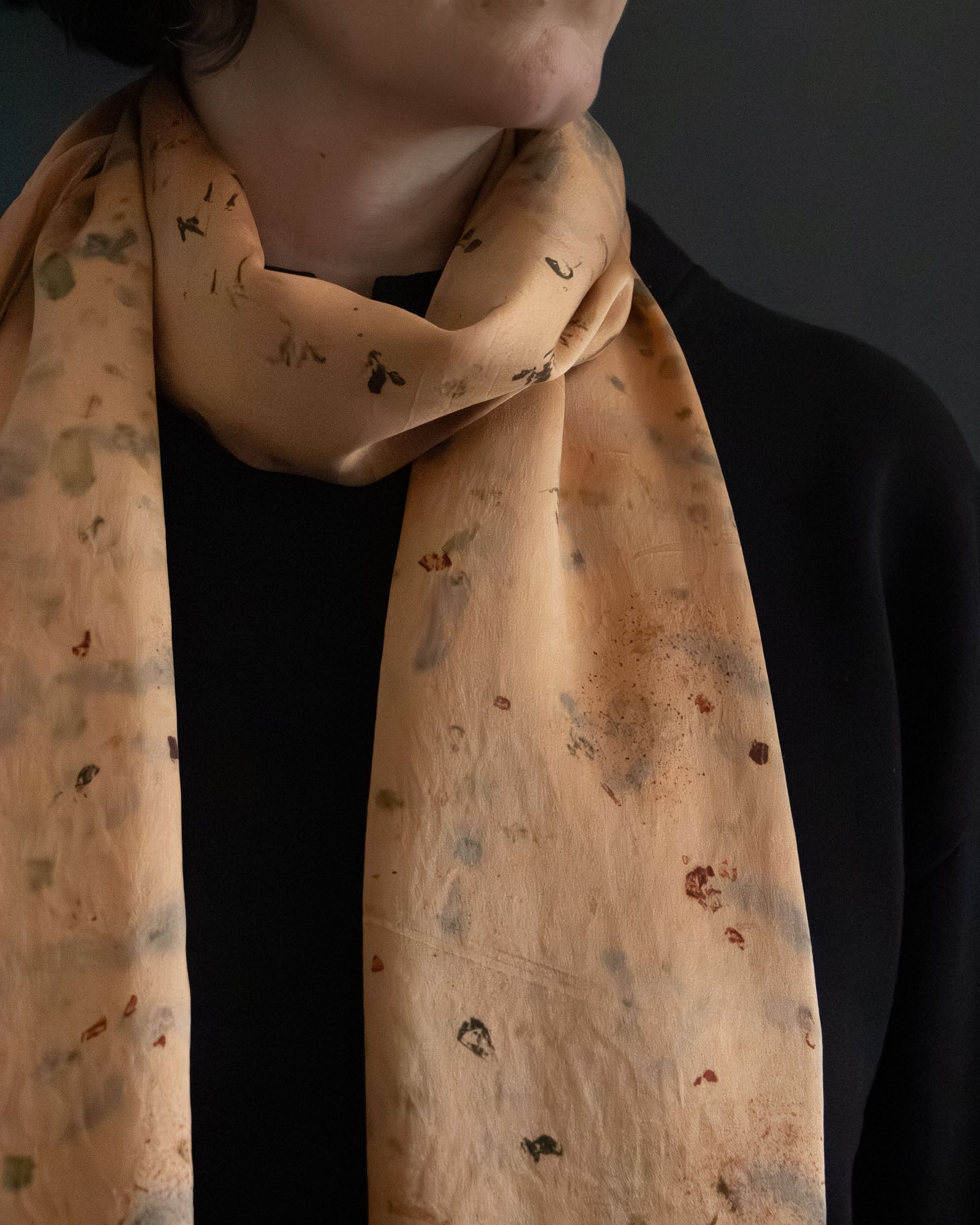 silk scarf detail, naturally dyed with madder, soft sheen
