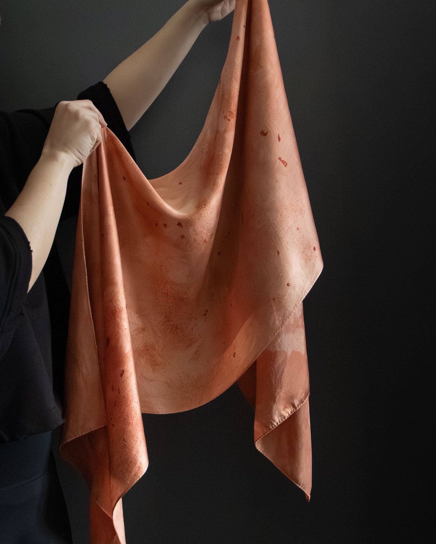 long silk scarf naturally dyed with madder root, red-orange tones
