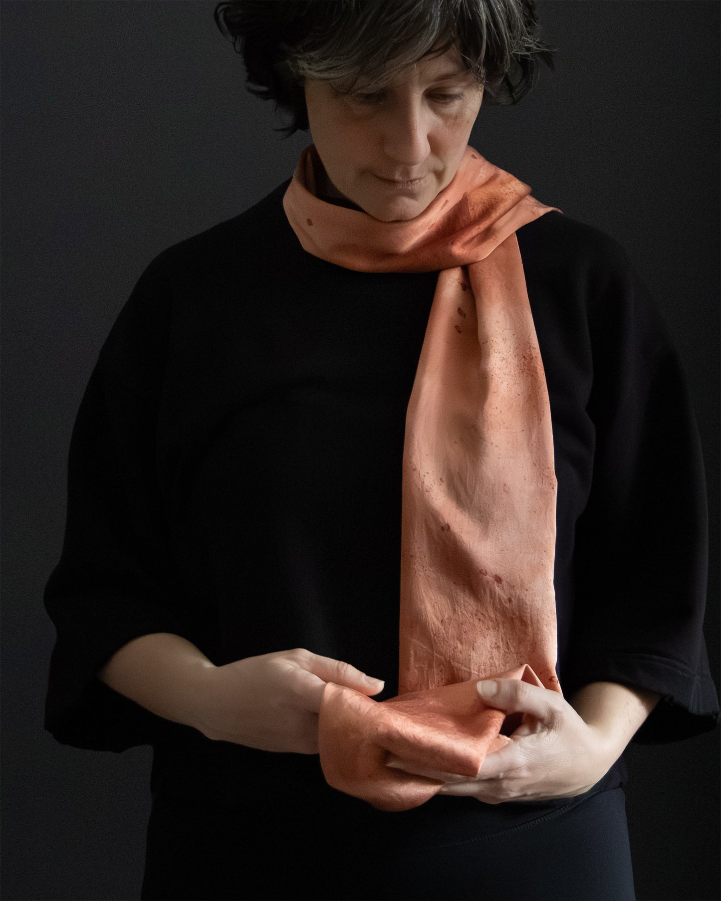 silk scarf detail, naturally dyed with madder, soft sheen
