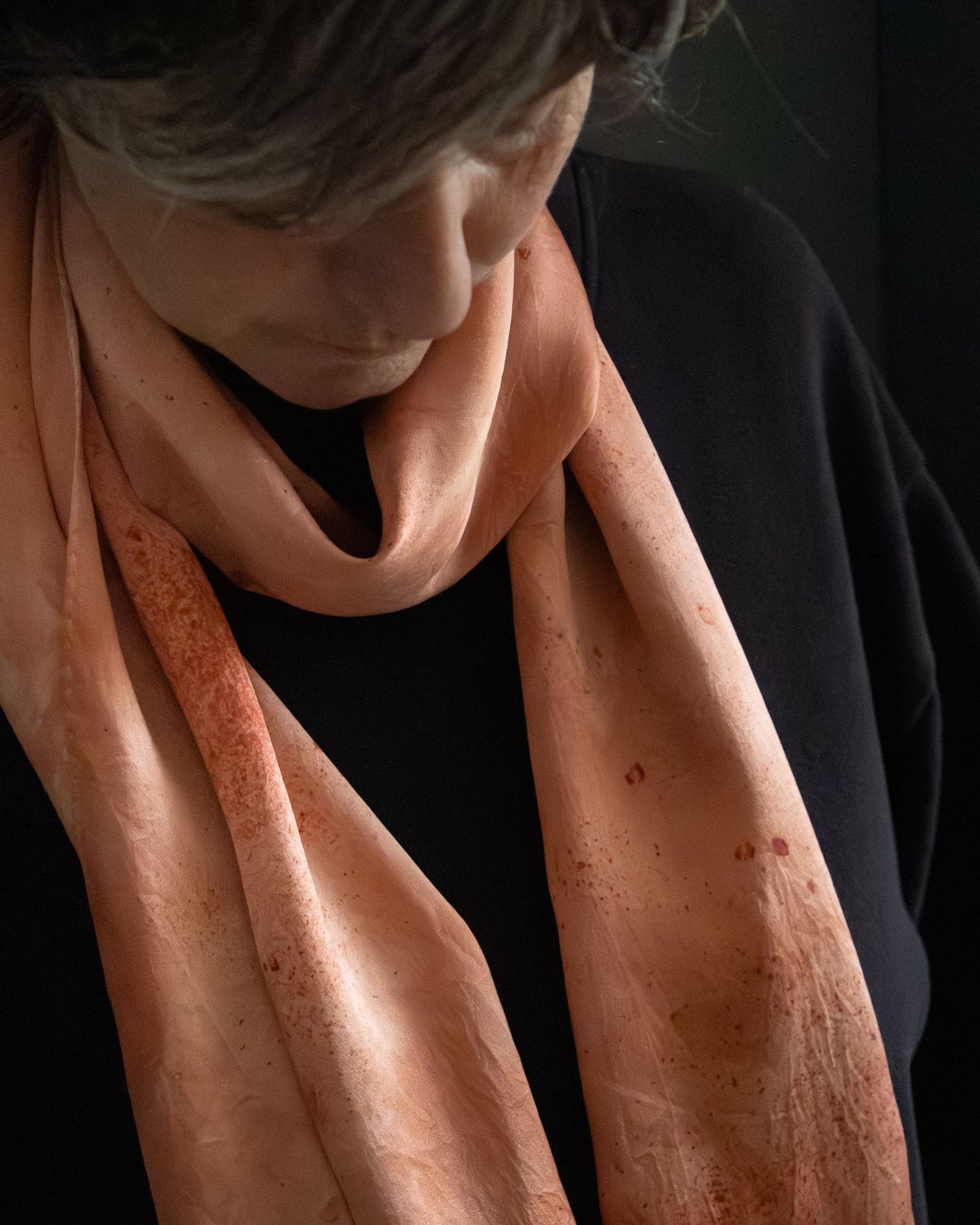 silk scarf detail, naturally dyed with madder, soft sheen
