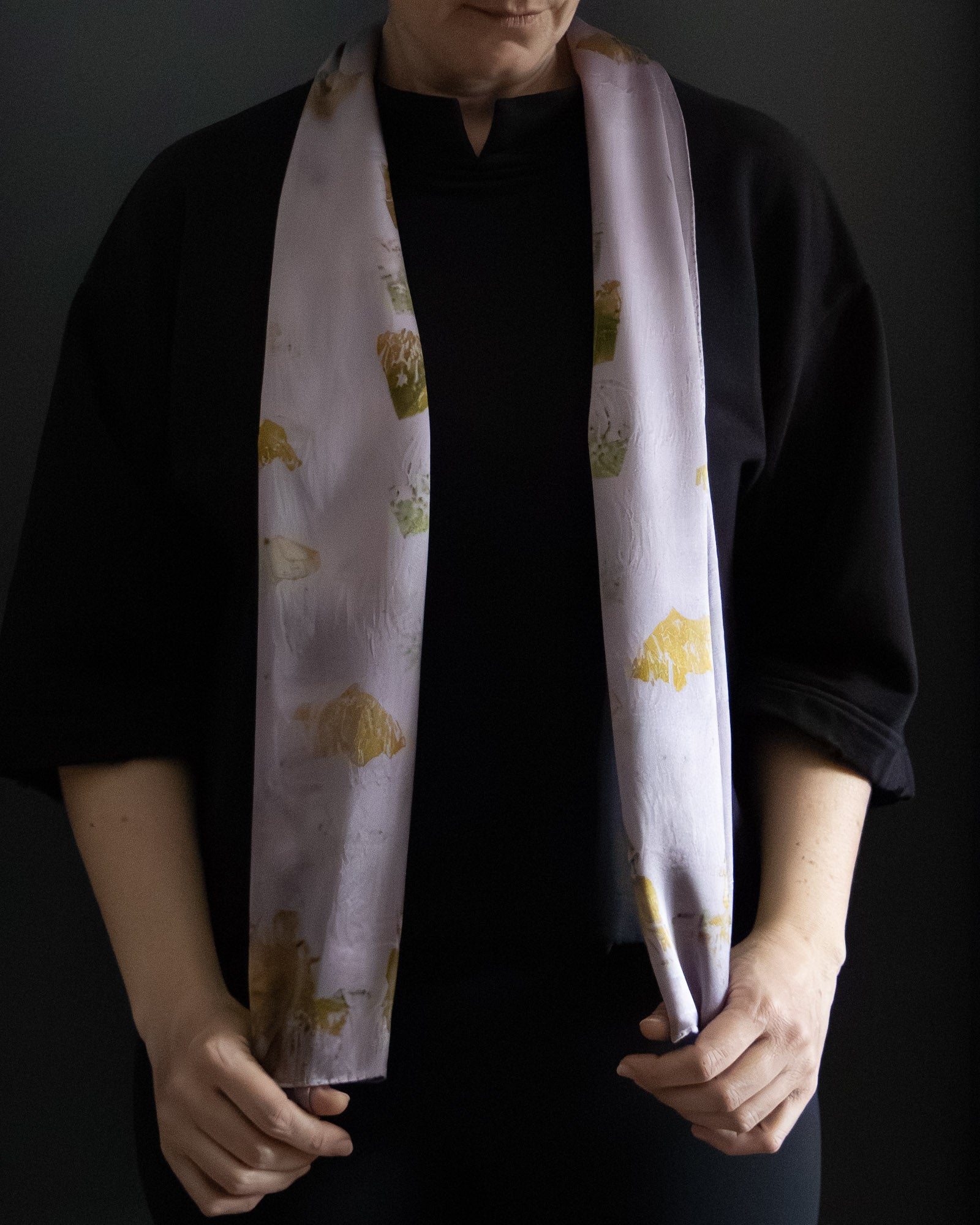 silk scarf with plant prints, naturally dyed, soft drape