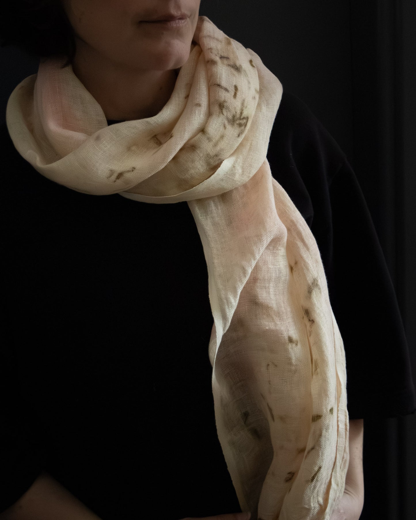 naturally dyed linen scarf, lightweight and breathable, worn wrapped
