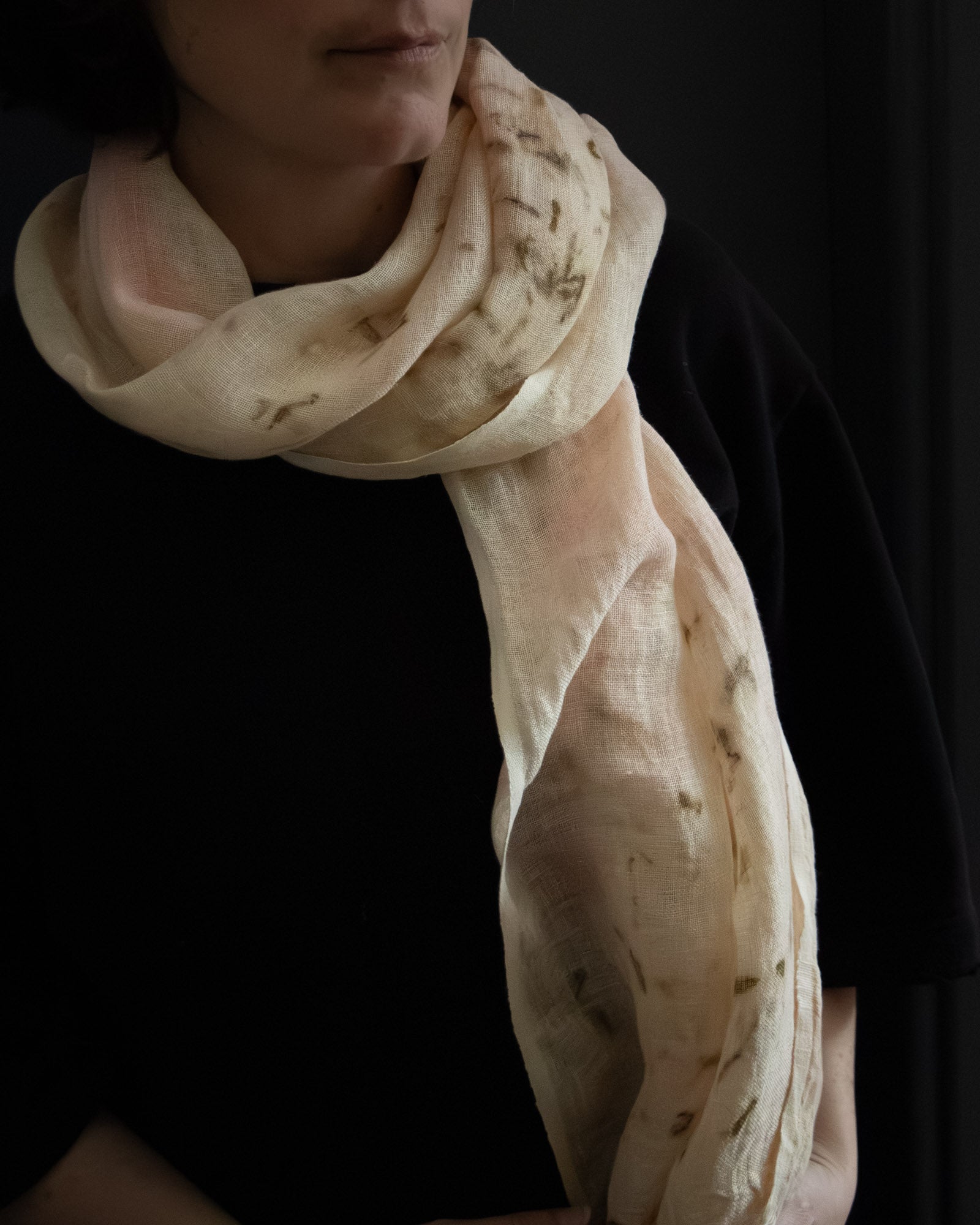 naturally dyed linen scarf, lightweight and breathable, worn wrapped