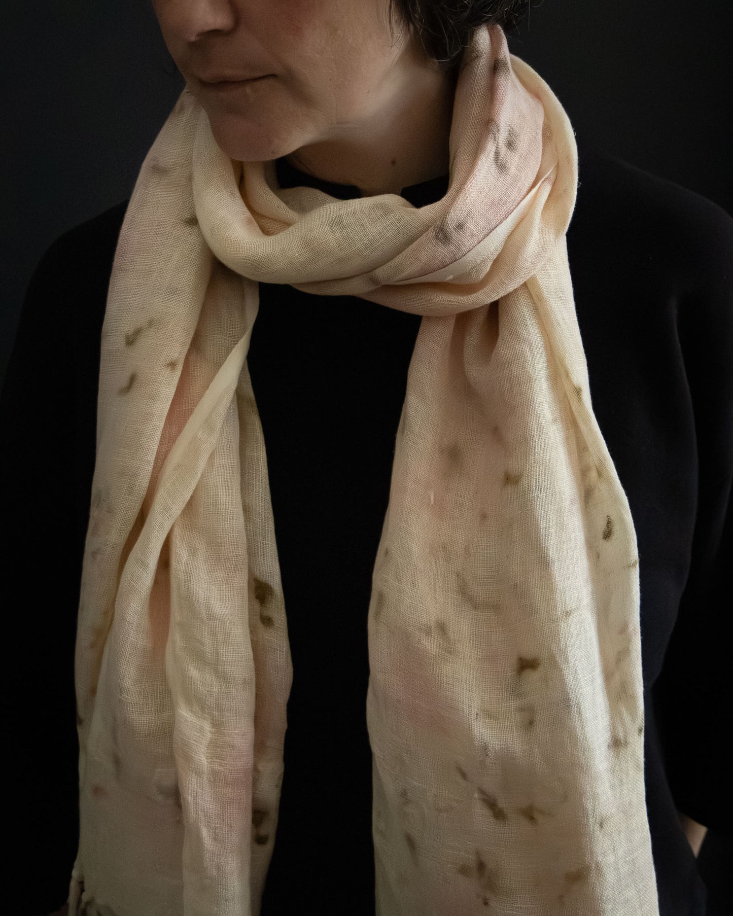naturally dyed linen scarf, lightweight and breathable, worn wrapped