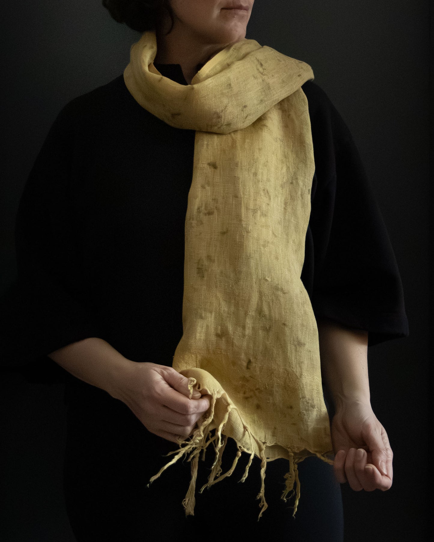 naturally dyed linen scarf, lightweight and breathable, worn wrapped