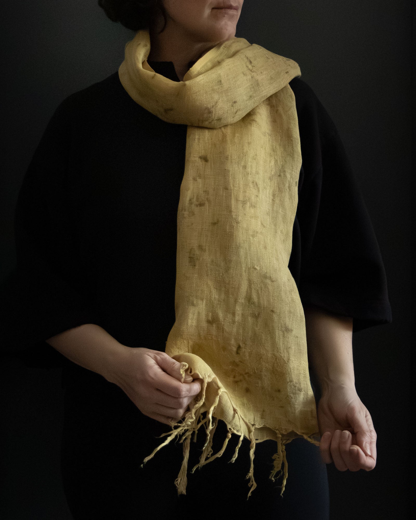 naturally dyed linen scarf, lightweight and breathable, worn wrapped