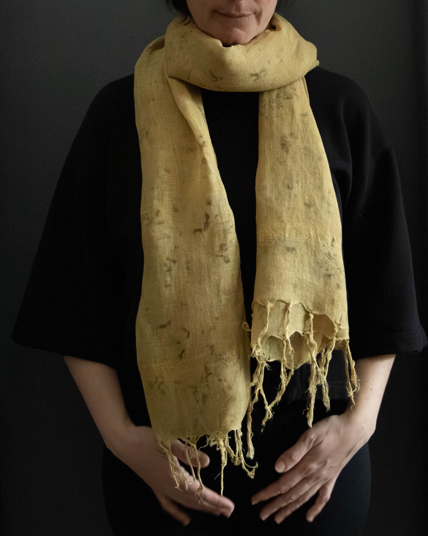 naturally dyed linen scarf, lightweight and breathable, worn wrapped