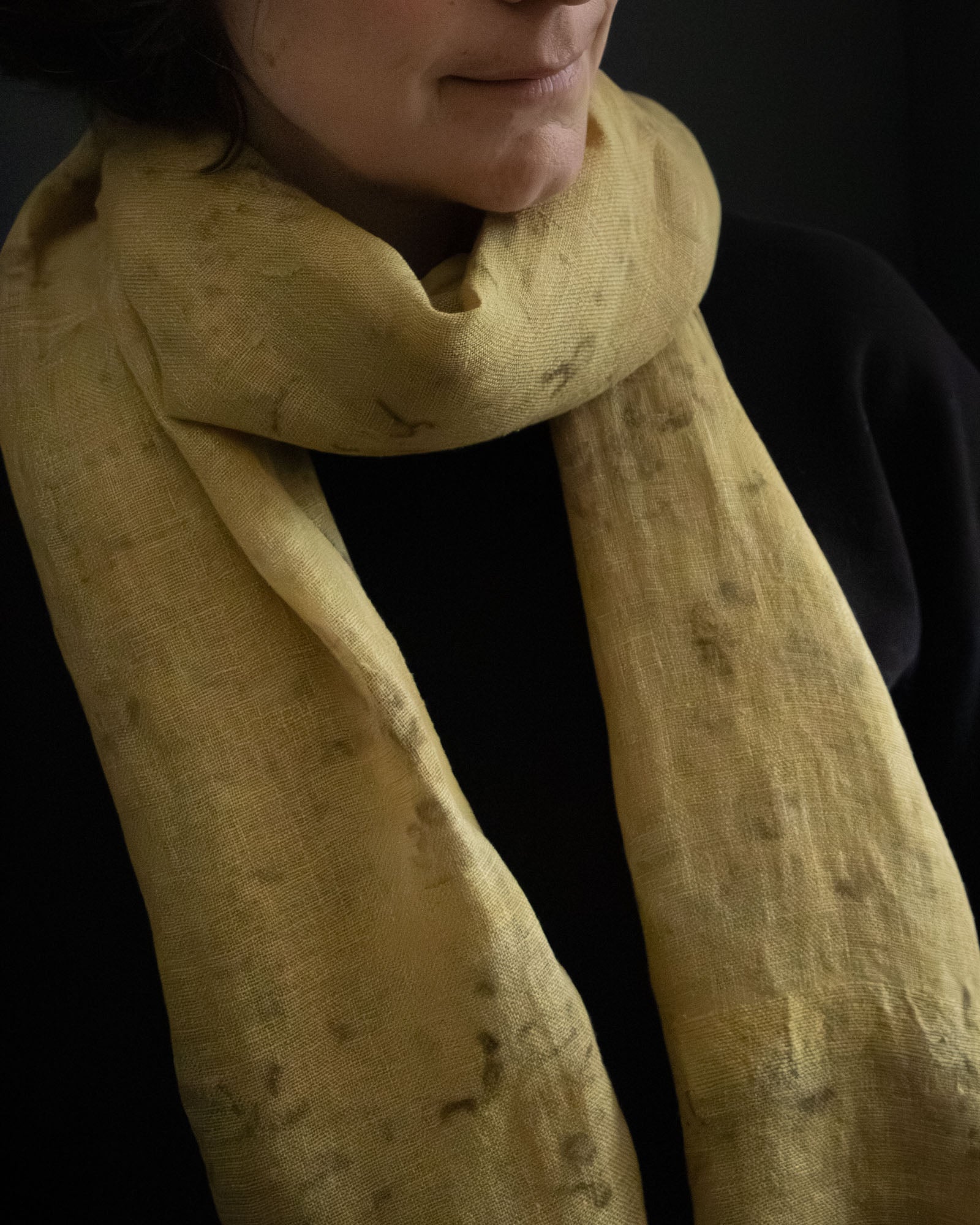 naturally dyed linen scarf, lightweight and breathable, worn wrapped