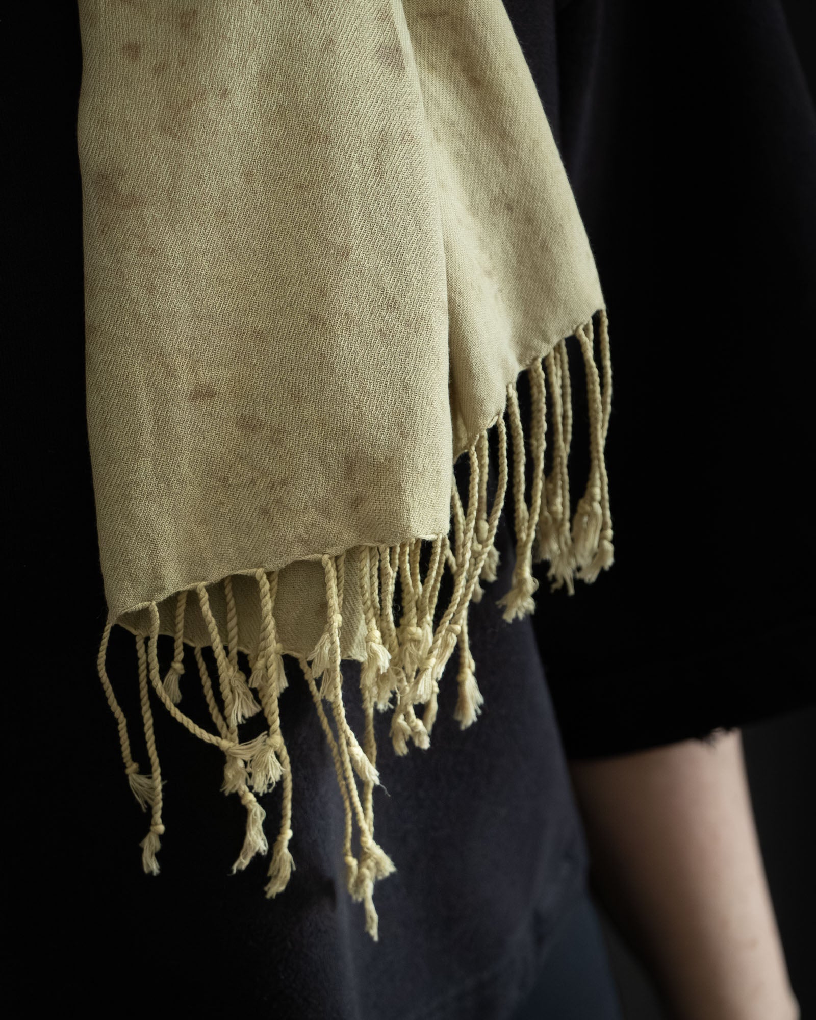 naturally dyed cotton scarf detail, soft texture and fridges
