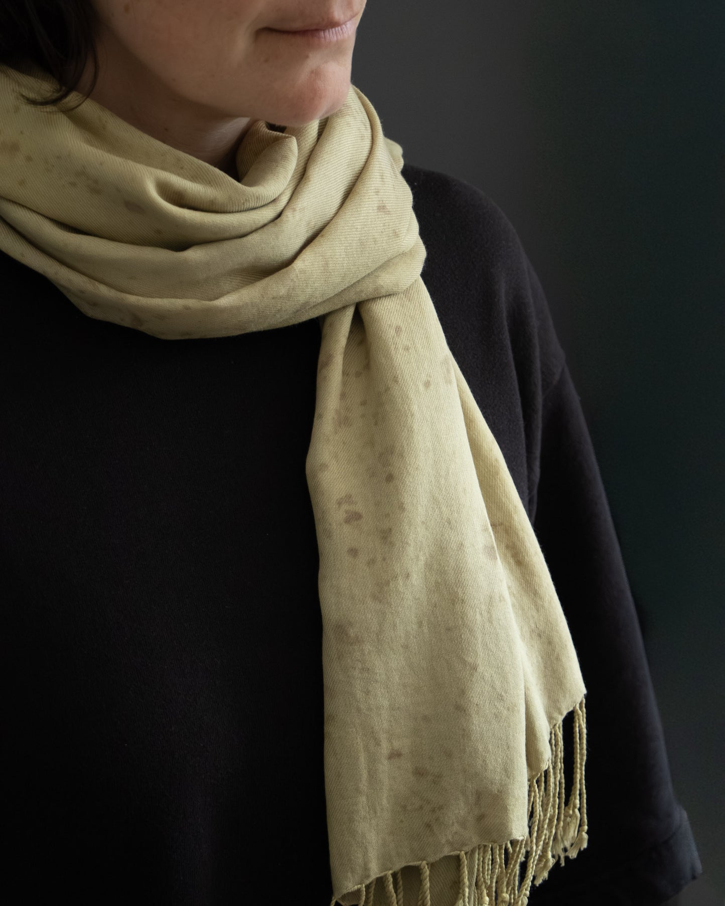 naturally dyed cotton scarf, worn around the neck