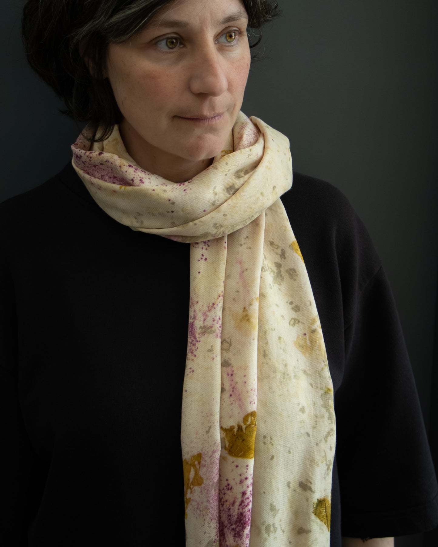 naturally dyed cotton scarf, worn around the neck