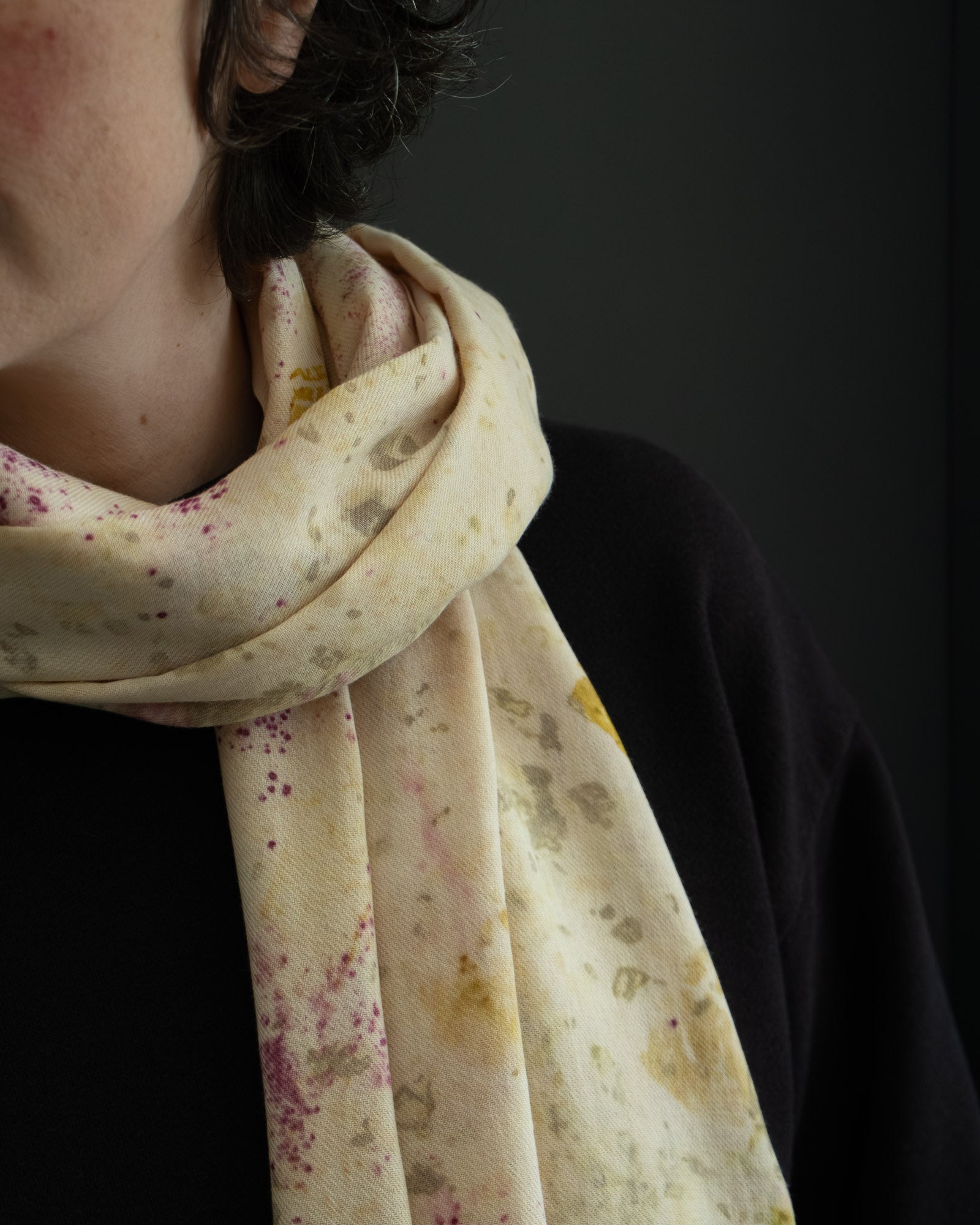 naturally dyed cotton scarf, worn around the neck