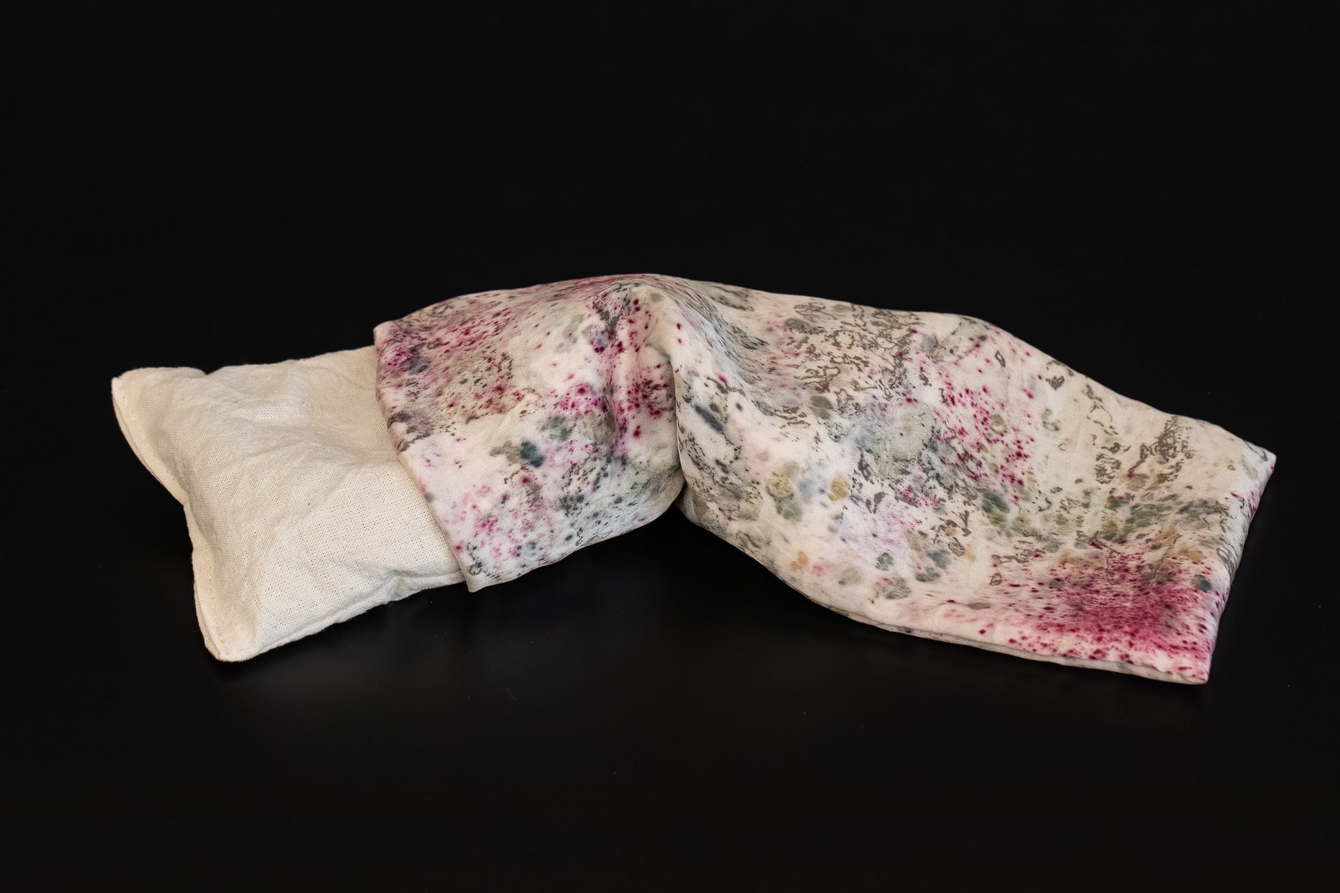 Silk eye pillow with removable, washable cover and inner cotton pouch, filled with organic lavender and organic flaxseeds.