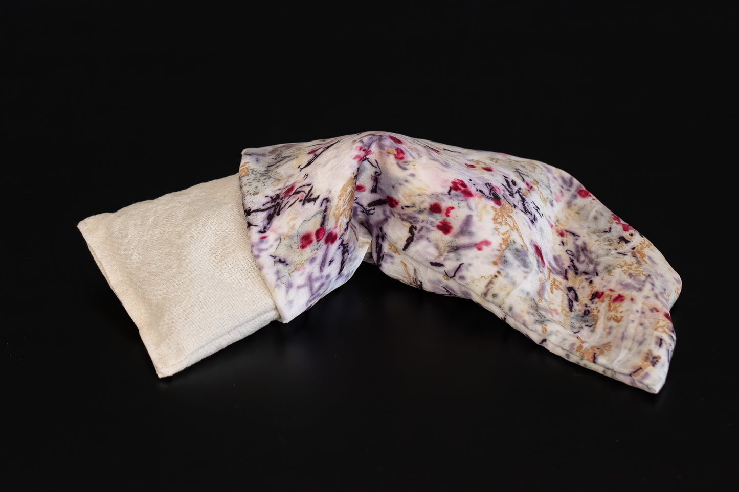 Silk eye pillow with removable hand-dyed silk cover and inner cotton pouch with organic lavender and flaxseed filling.