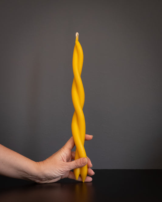 Long Twisted Beeswax Candle - Natural (Double Flame)